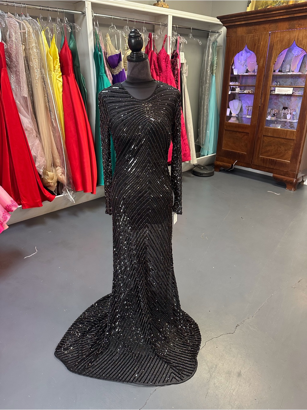 Black Sequin Long-Sleeve Prom Gown
